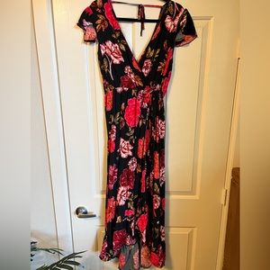 High-low, floral, v-neck, wrap, maxi dress